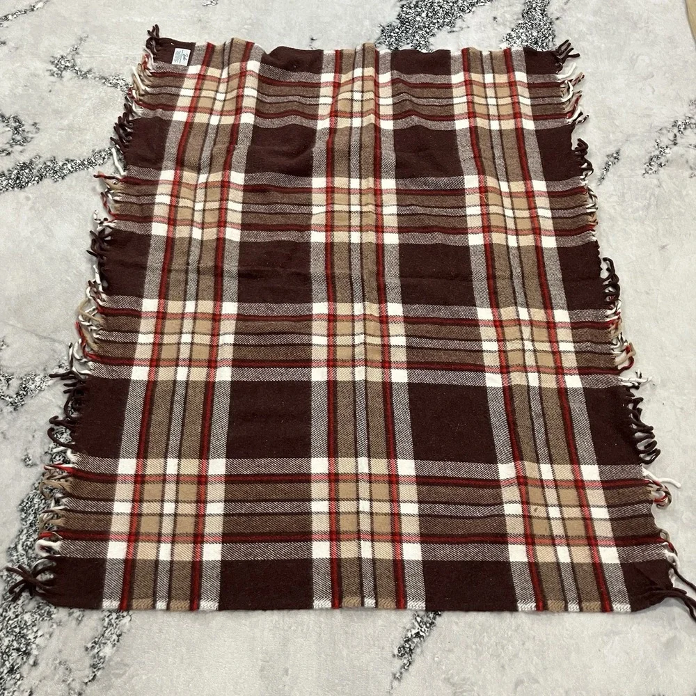 Faribault Woolen Mill Plaid Wool Throw Blanket Brown Red Cream Fringe